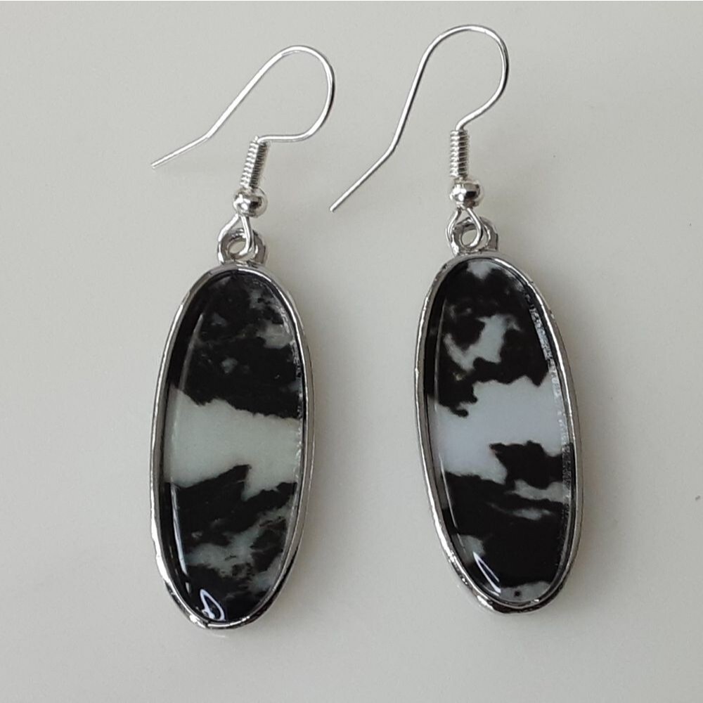 Simulated White Buffalo Silver Tone Hook Pierced Oval Earrings - NWOT